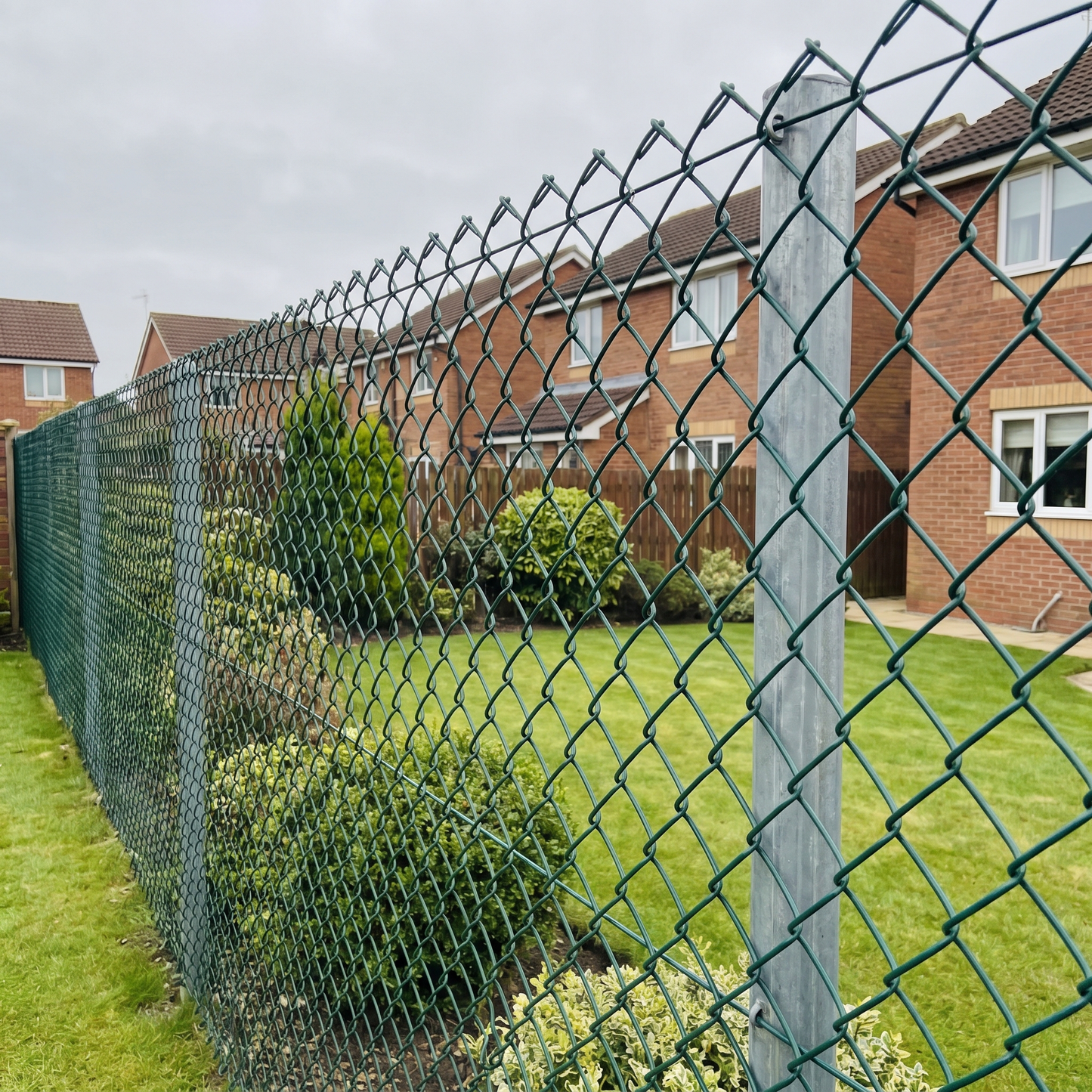 Green PVC-coated chain link fence along a UK residential garden boundary