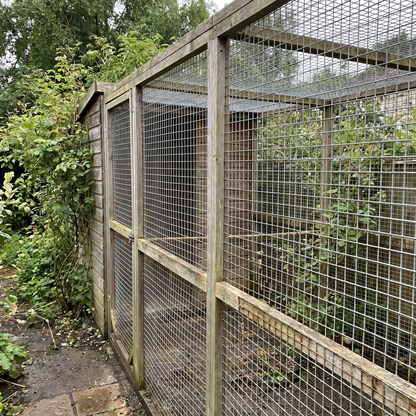 Galvanised welded wire mesh (weldmesh) on a garden aviary run with square mesh visible