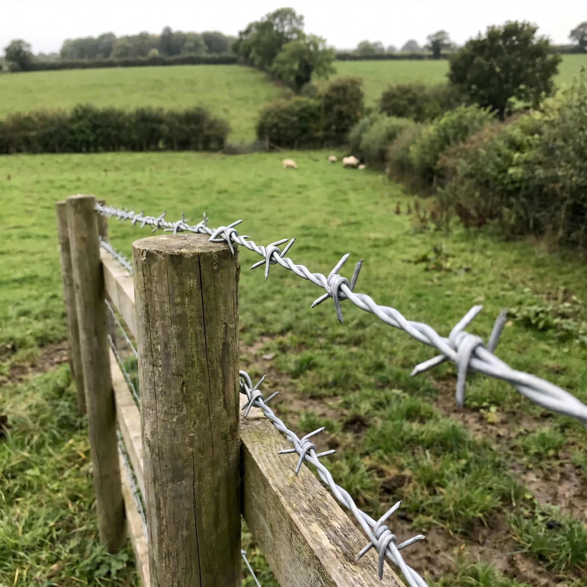 Galvanised twin-strand barbed wire along the top of a stock fence on a UK farm boundary