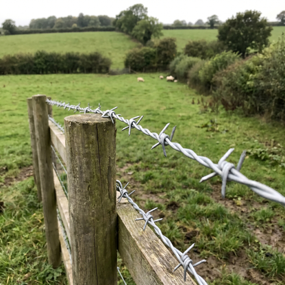 Galvanised twin-strand barbed wire along the top of a stock fence on a UK farm boundary