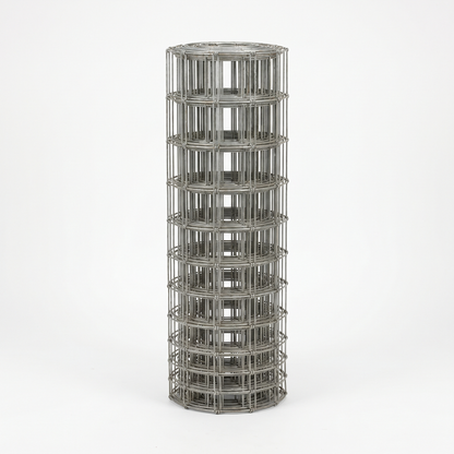 Roll of galvanised stock fencing on a white studio background
