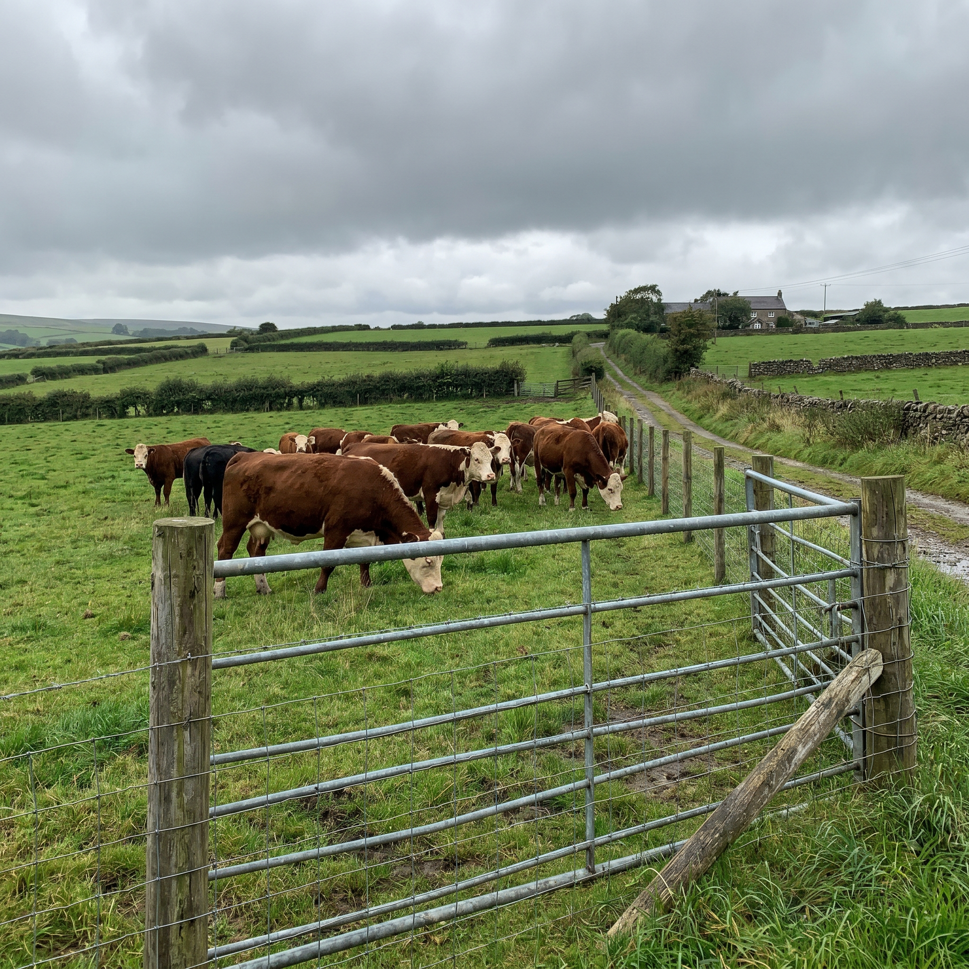 Galvanised stock fence enclosing cattle in a UK pasture