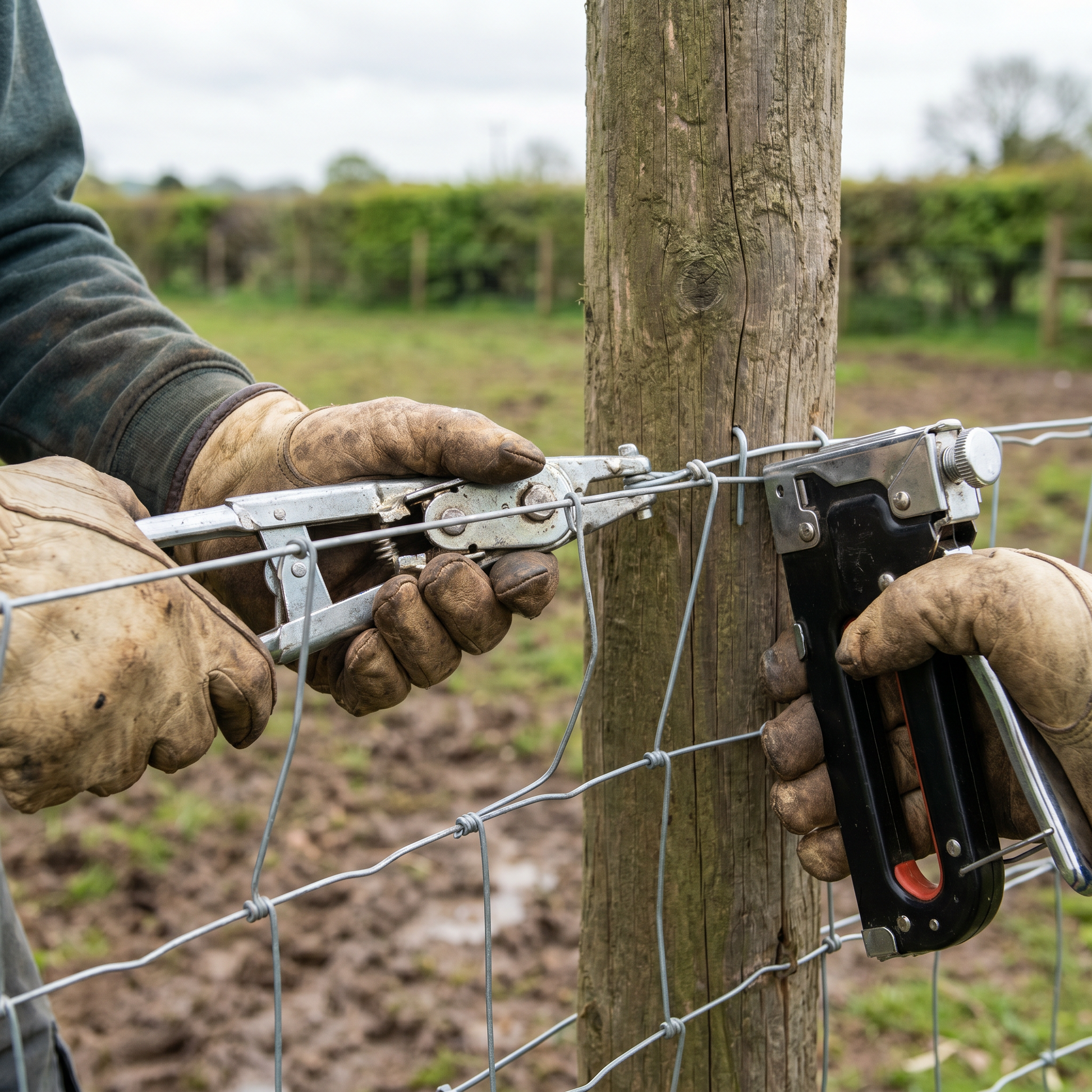 Tensioning galvanised stock fencing to a timber post with a wire strainer