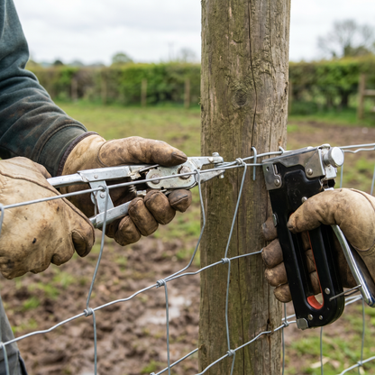 Tensioning galvanised stock fencing to a timber post with a wire strainer