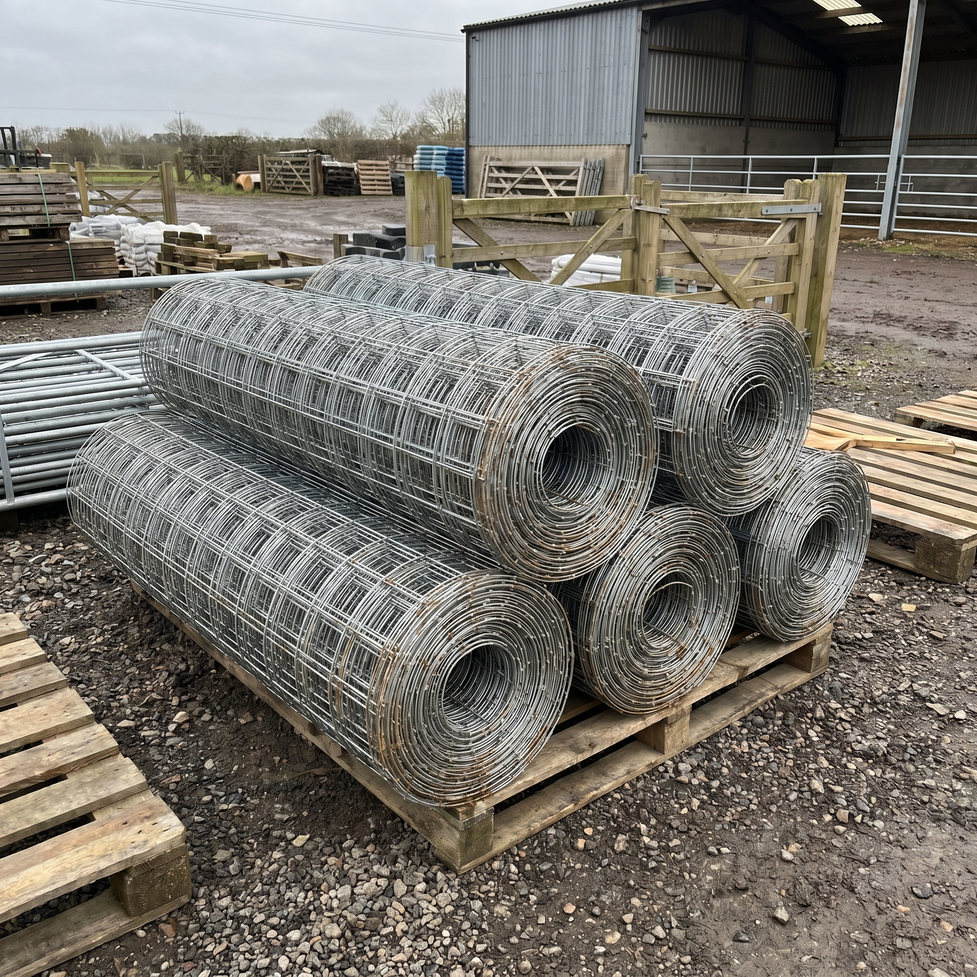 Rolls of galvanised stock fencing stacked in a farm supplies yard
