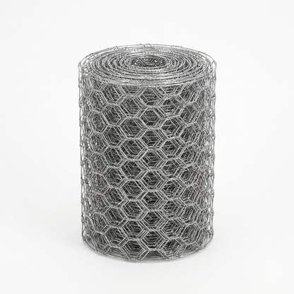 Roll of galvanised chicken wire mesh on a white studio background