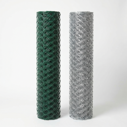 Green PVC-coated and galvanised chicken wire rolls side by side