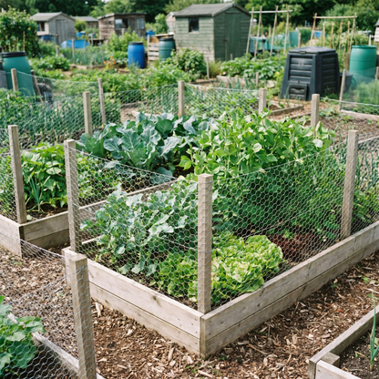 Chicken wire protecting raised vegetable beds in a UK allotment garden