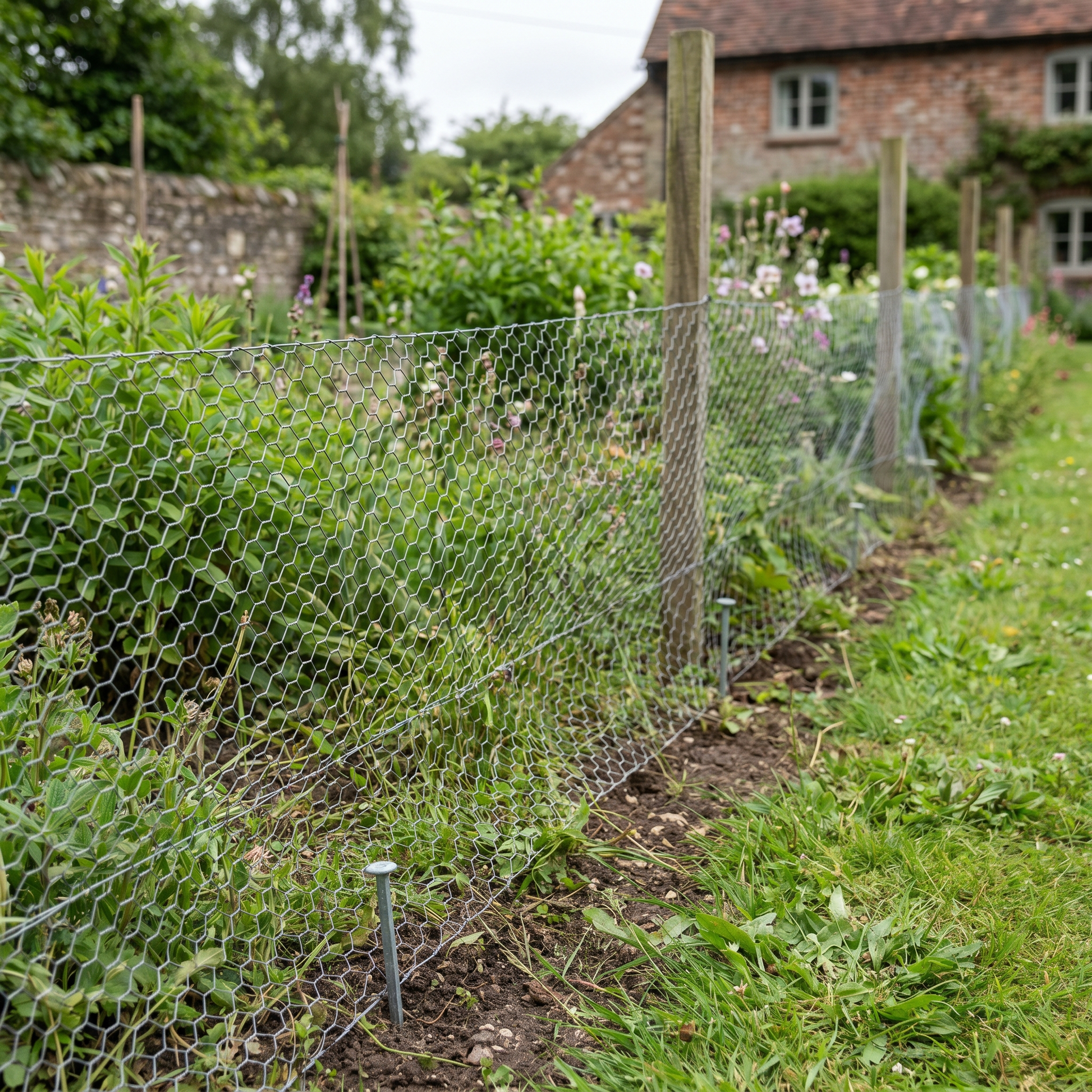 Galvanised rabbit wire fencing pegged along a UK garden border
