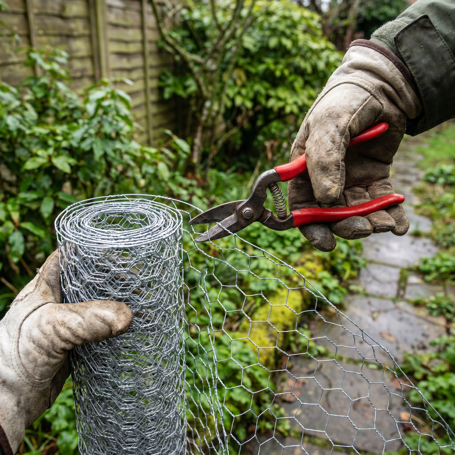 Cutting galvanised chicken wire netting with wire snips
