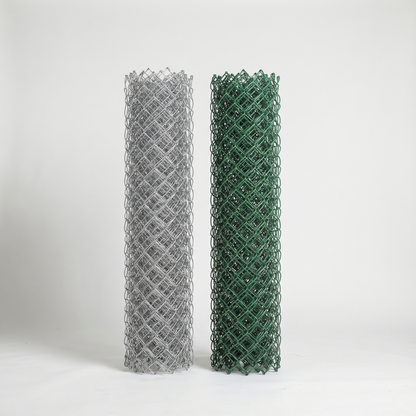 Galvanised and green PVC-coated chain link rolls side by side