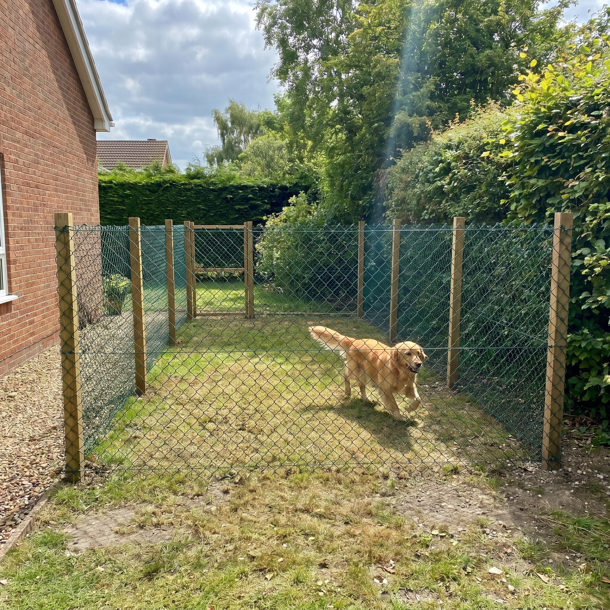 Green PVC chain link dog run enclosure in a UK garden