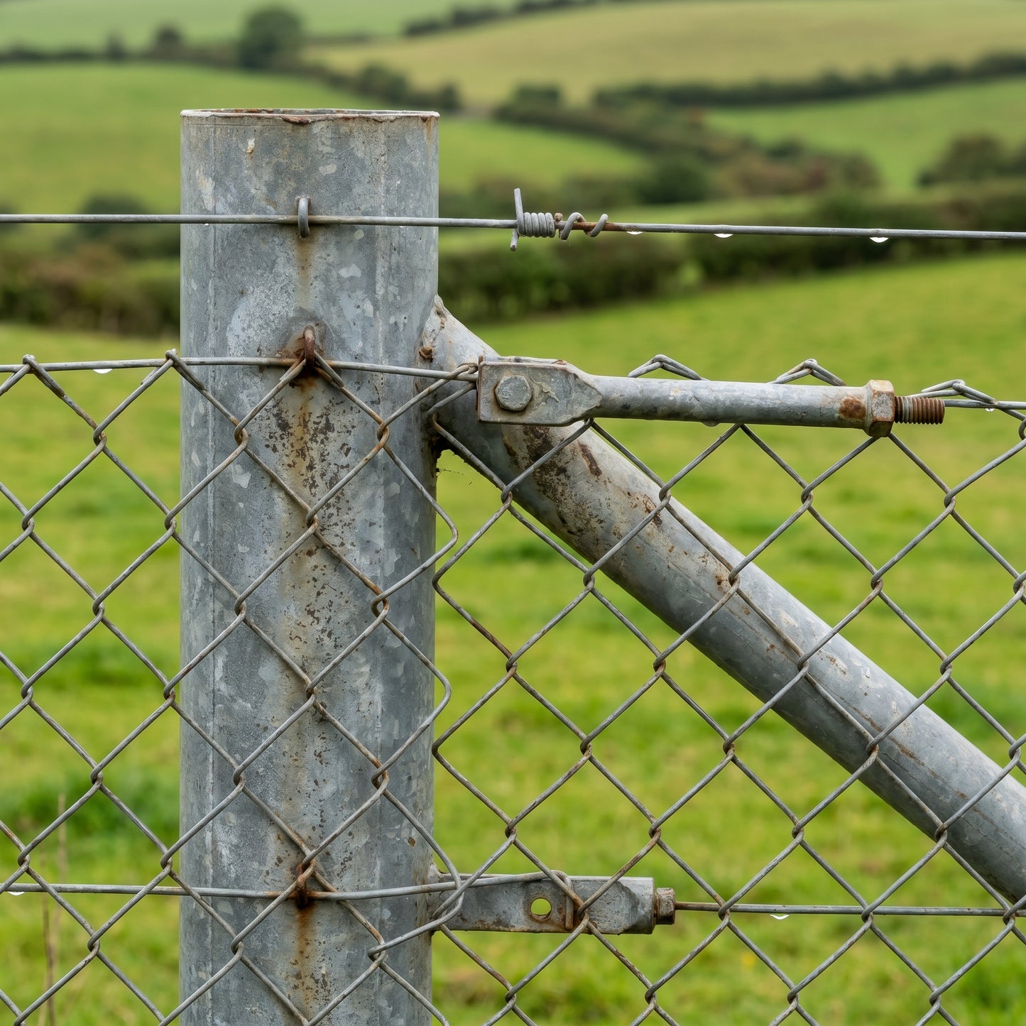 Chain link fence fixed to galvanised line posts with straining wire