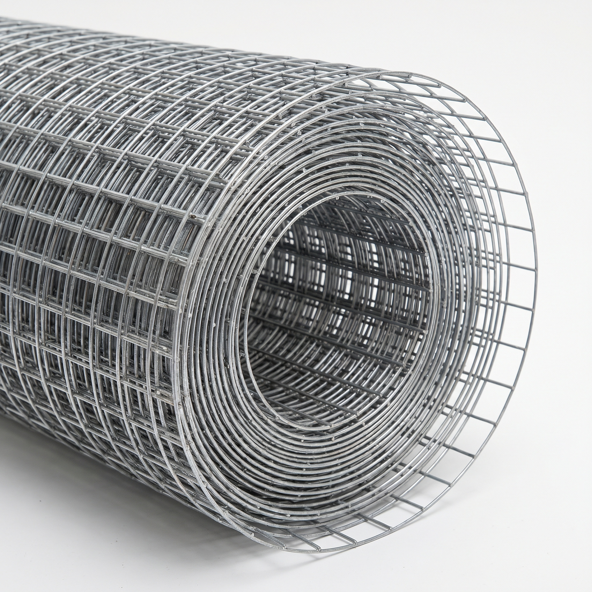 Roll of galvanised welded wire mesh (weldmesh) on a white studio background