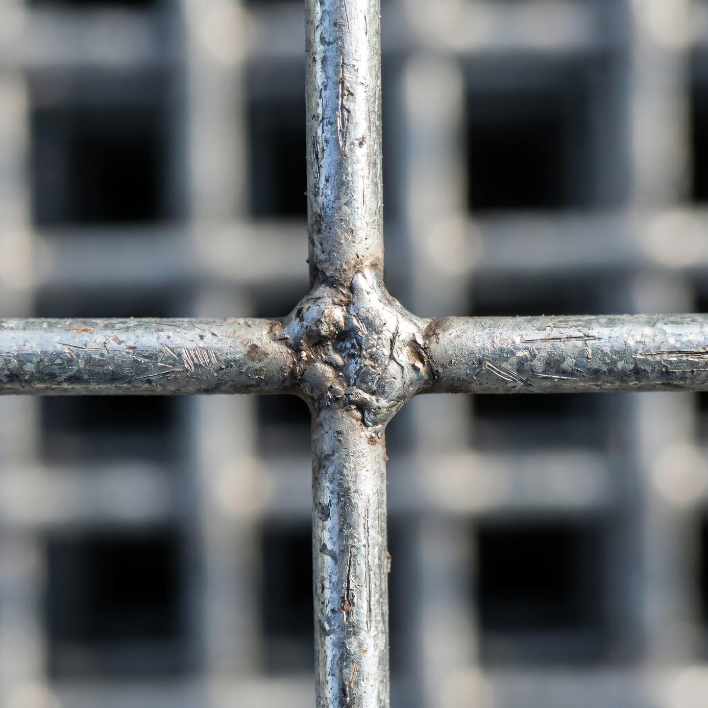Close-up of a welded intersection on galvanised weldmesh