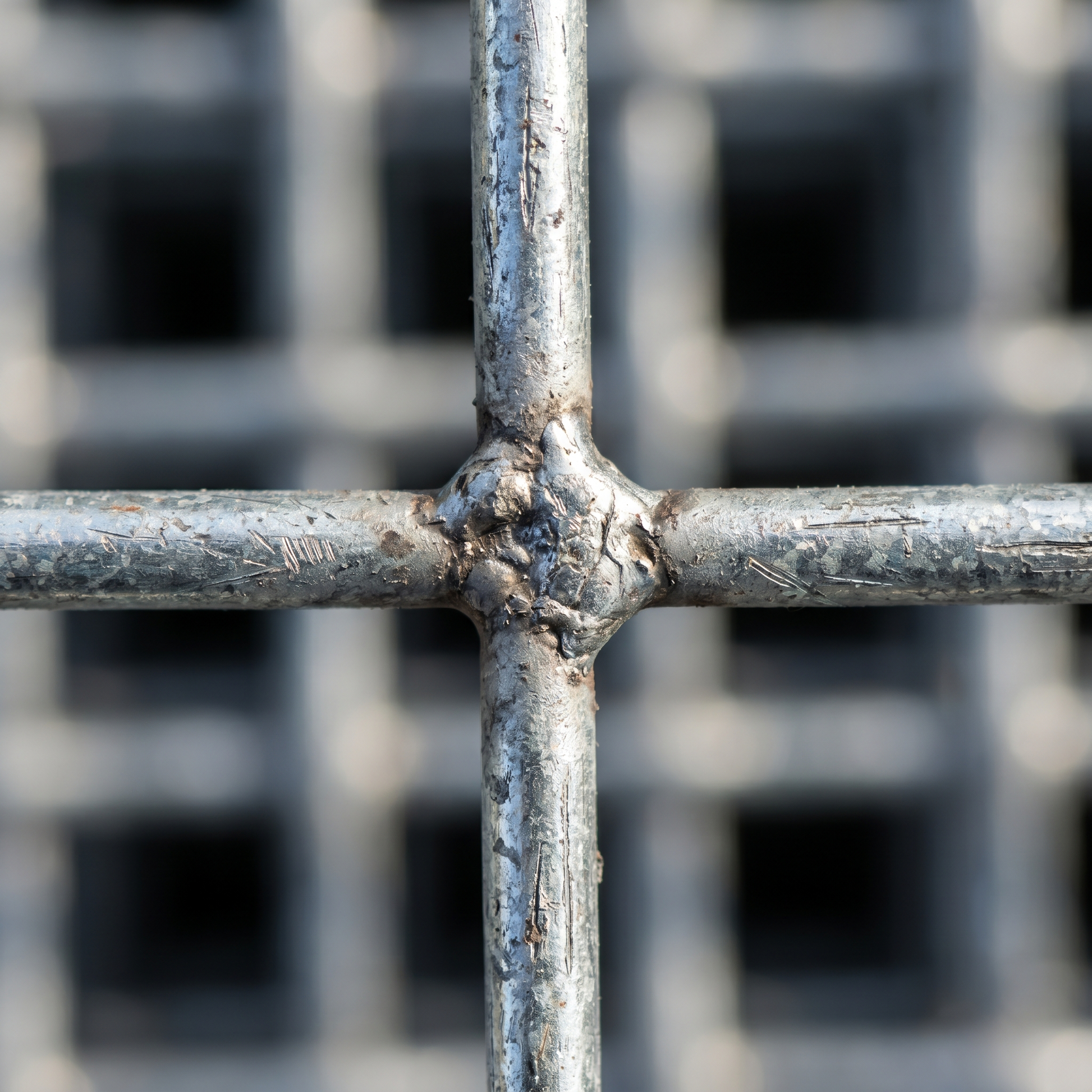 Close-up of a welded intersection on galvanised weldmesh
