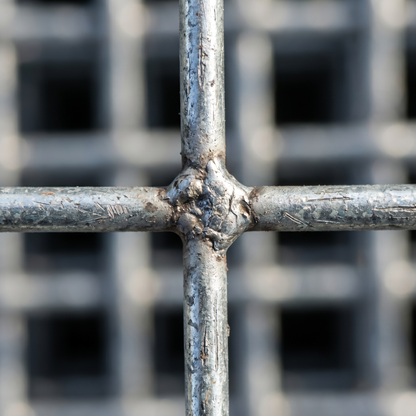 Close-up of a welded intersection on galvanised weldmesh