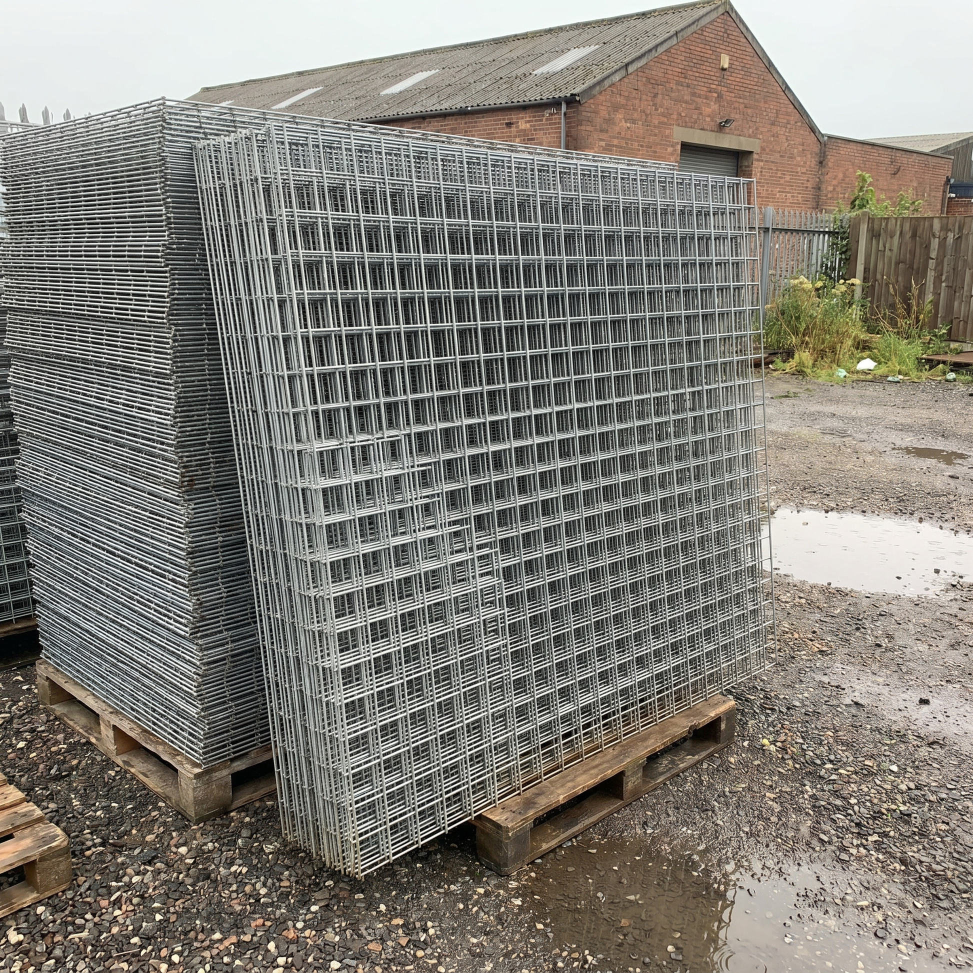 Stack of galvanised welded mesh panels in a yard