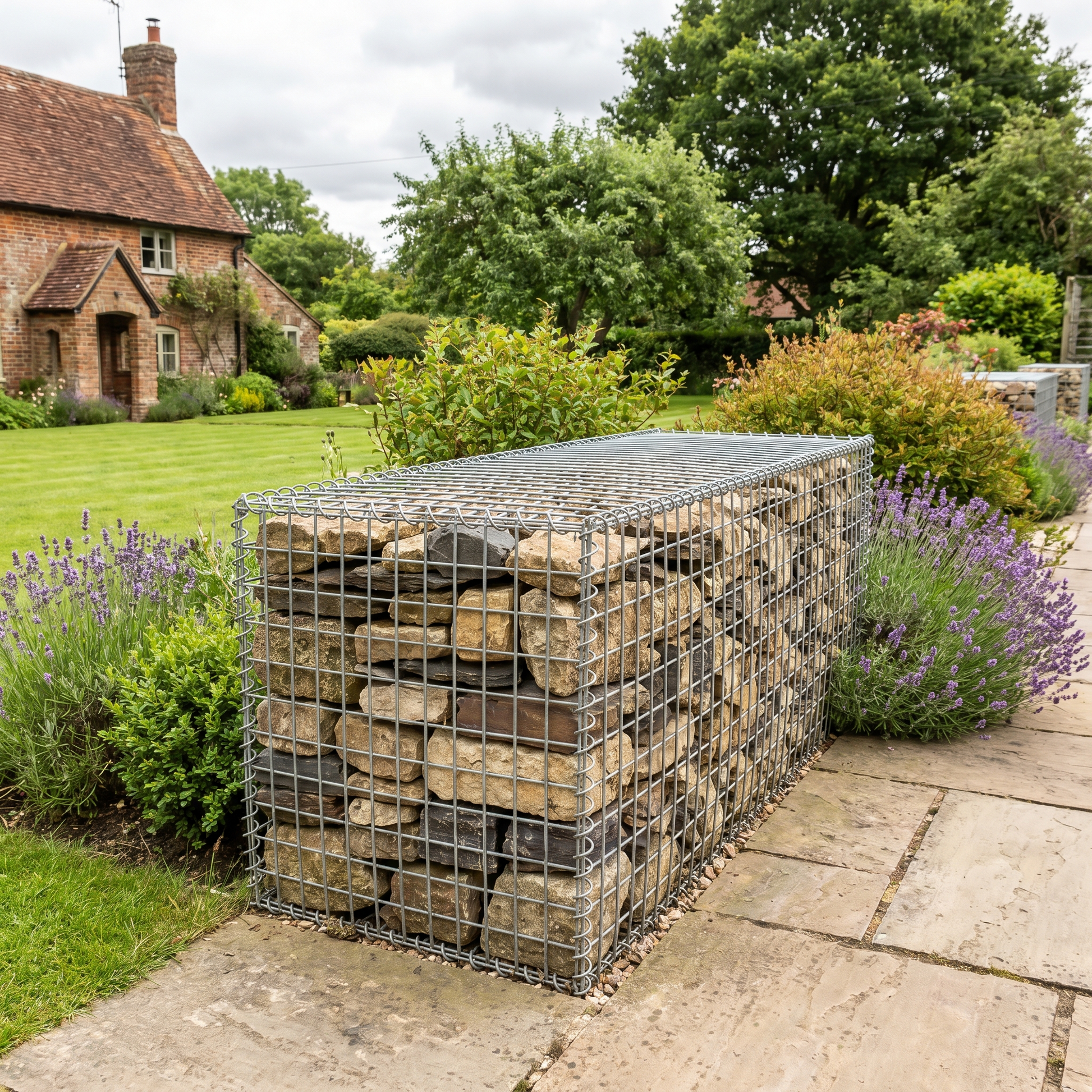 Galvanised welded mesh gabion basket filled with stone in a UK garden