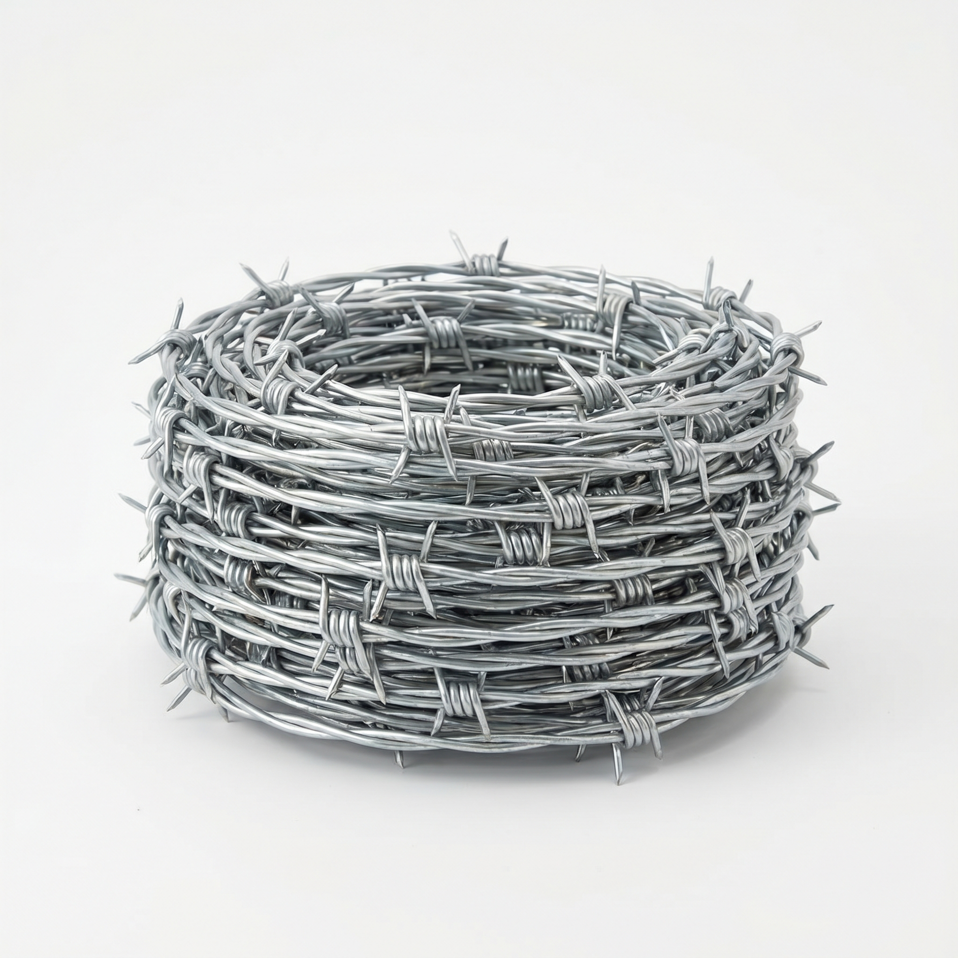 Coil of galvanised barbed wire on a white studio background