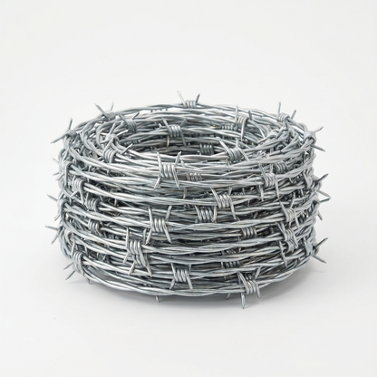 Coil of galvanised barbed wire on a white studio background