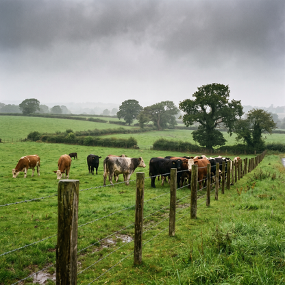 Galvanised barbed wire fence line on timber posts containing cattle in a UK field