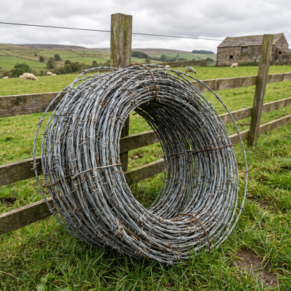 Coil of galvanised barbed wire resting on grass beside a fence