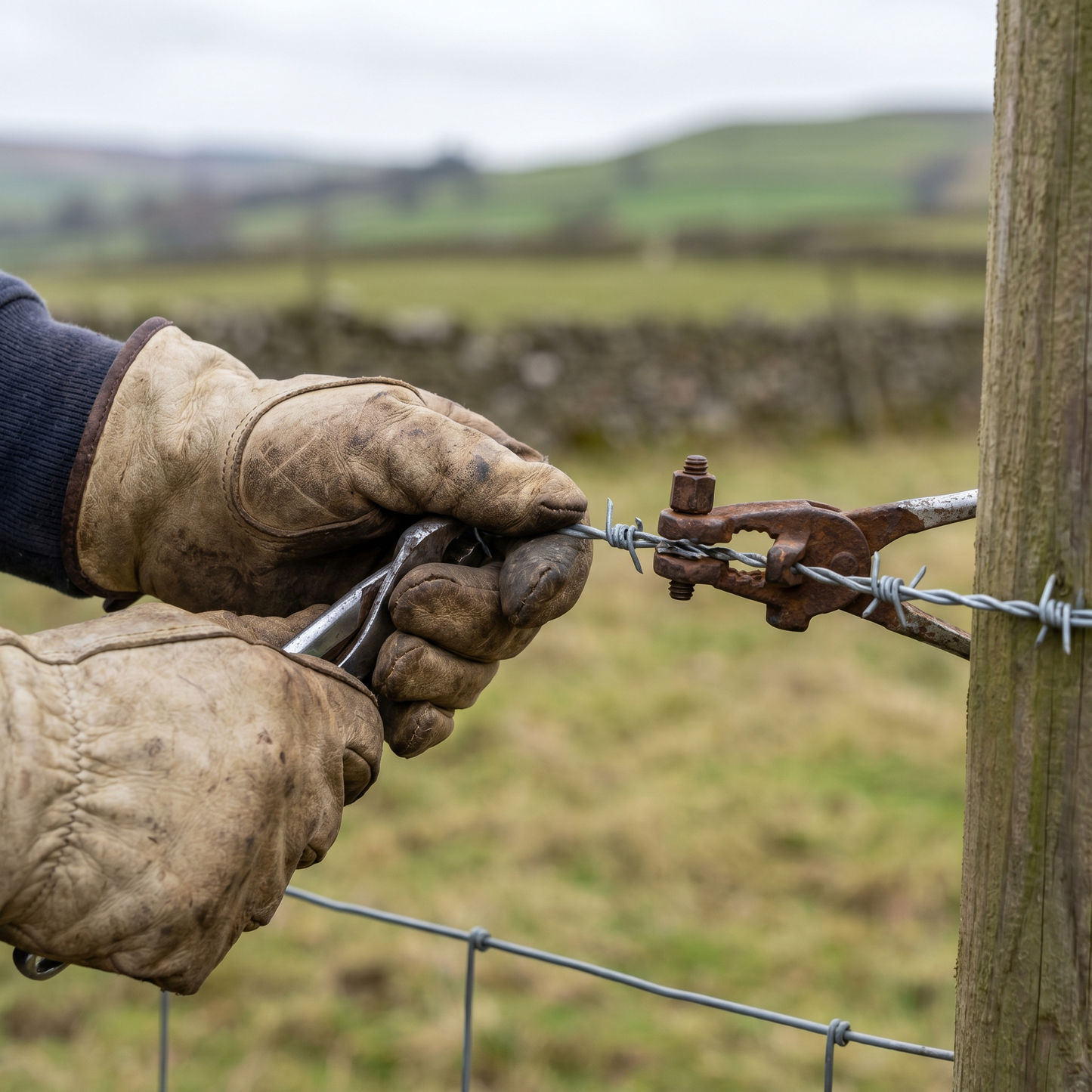 Tensioning galvanised barbed wire along a fence line with a wire strainer
