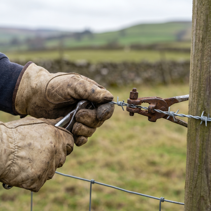 Tensioning galvanised barbed wire along a fence line with a wire strainer