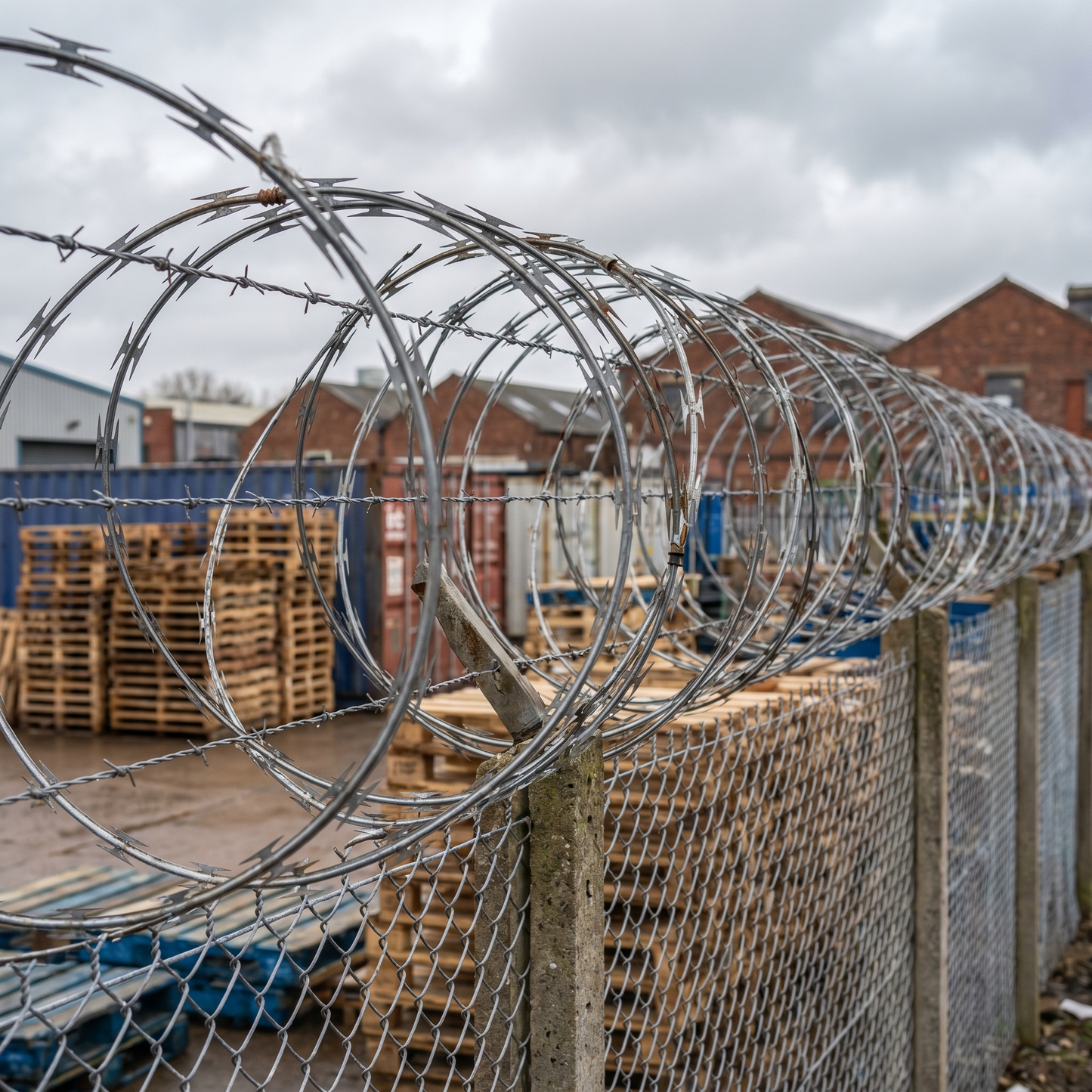 Galvanised barbed wire security topping on a fence at a UK yard