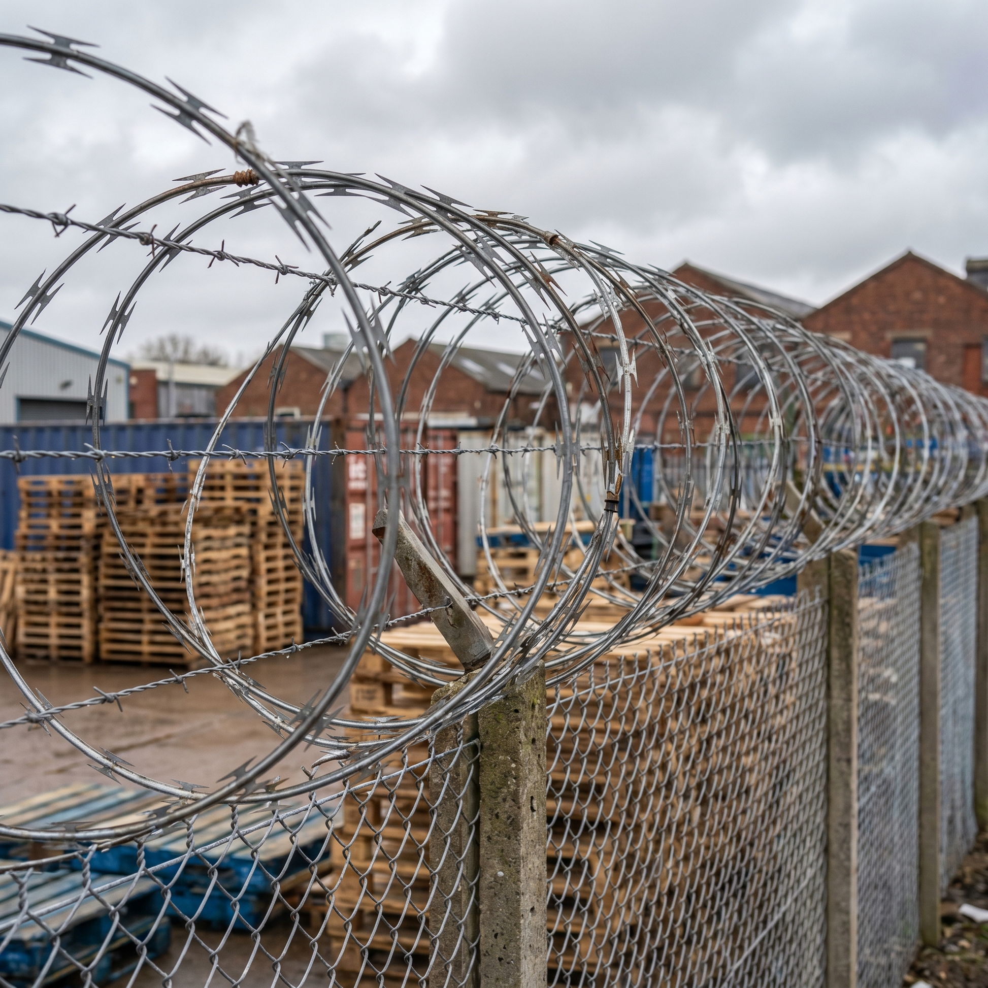 Galvanised barbed wire security topping on a fence at a UK yard
