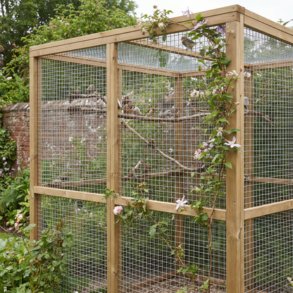 Galvanised welded mesh aviary with small birds in a UK garden