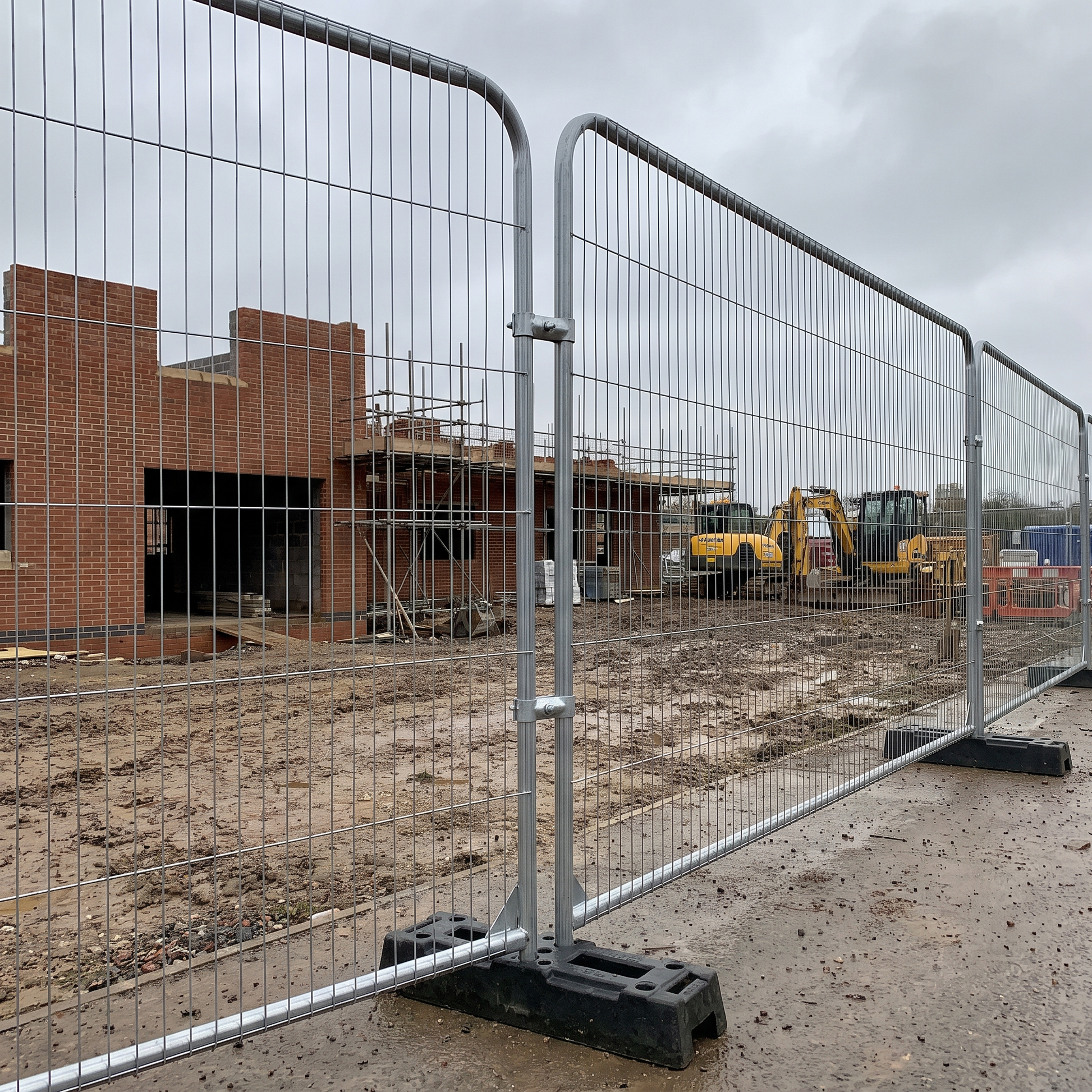 Heras-style temporary fencing around a UK construction site