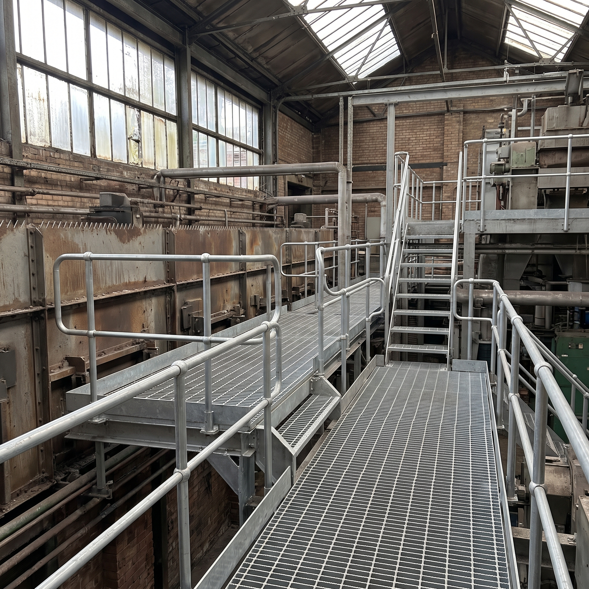 Galvanised open steel flooring walkway on an industrial platform