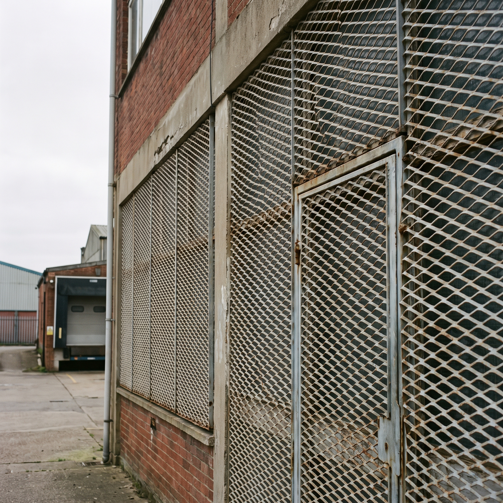 Expanded metal mesh used as a security screen on a UK industrial building