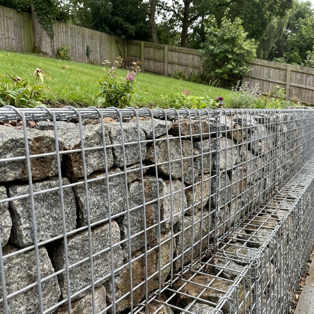 Heavy-duty 4mm GALFAN-coated gabion retaining wall filled with granite in a UK garden