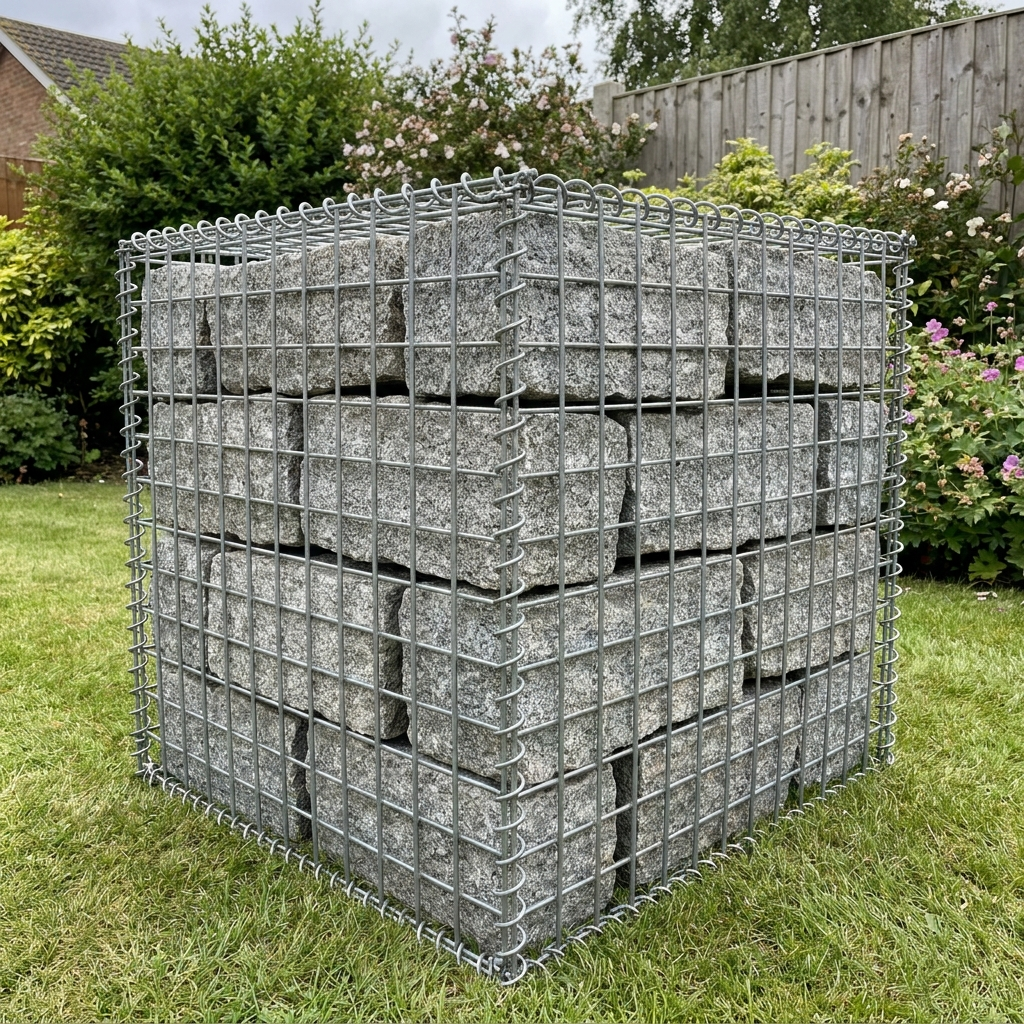 Heavy-duty 4mm GALFAN-coated gabion basket 1m cube filled with granite