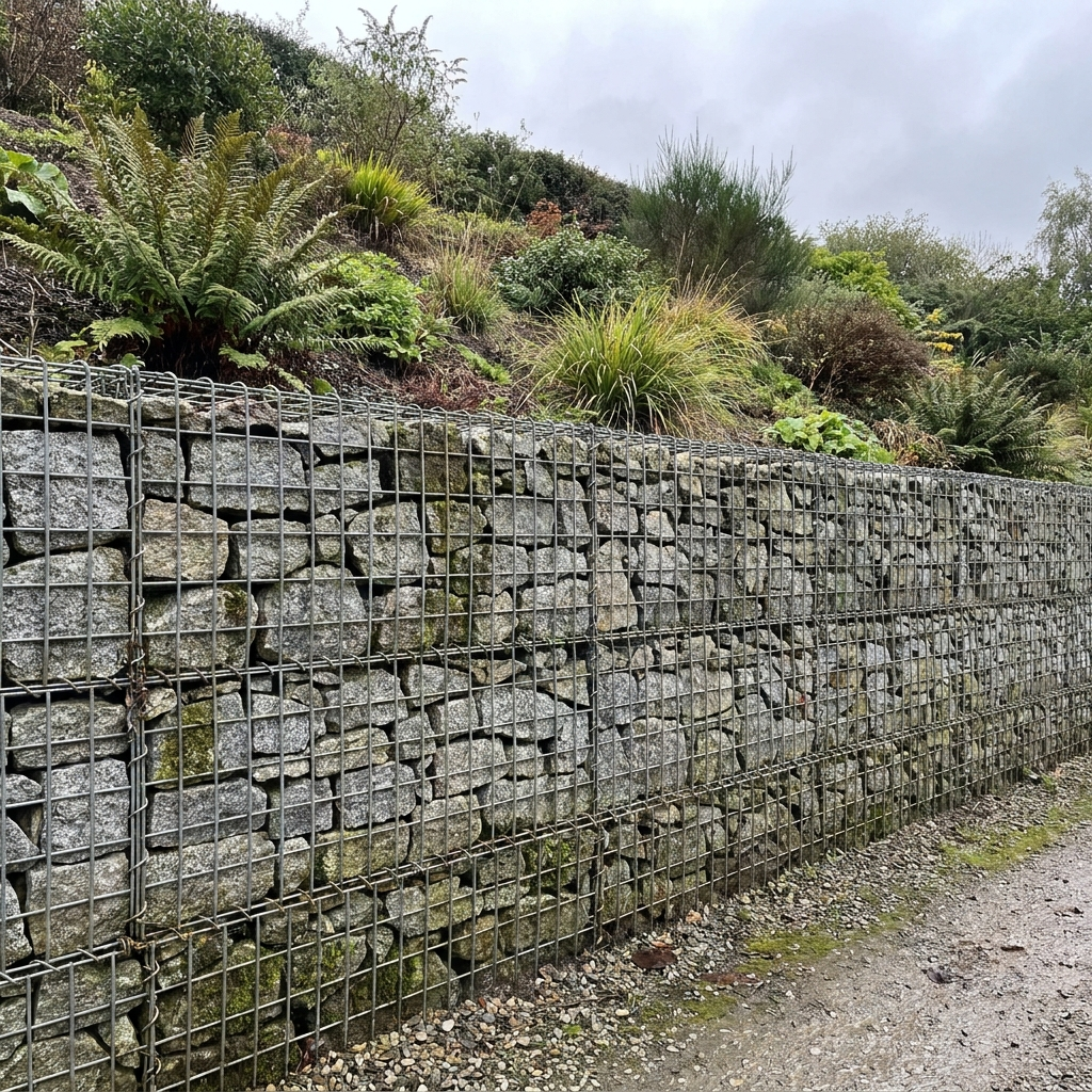 Tall 2m heavy-duty 4mm gabion retaining wall in a UK garden