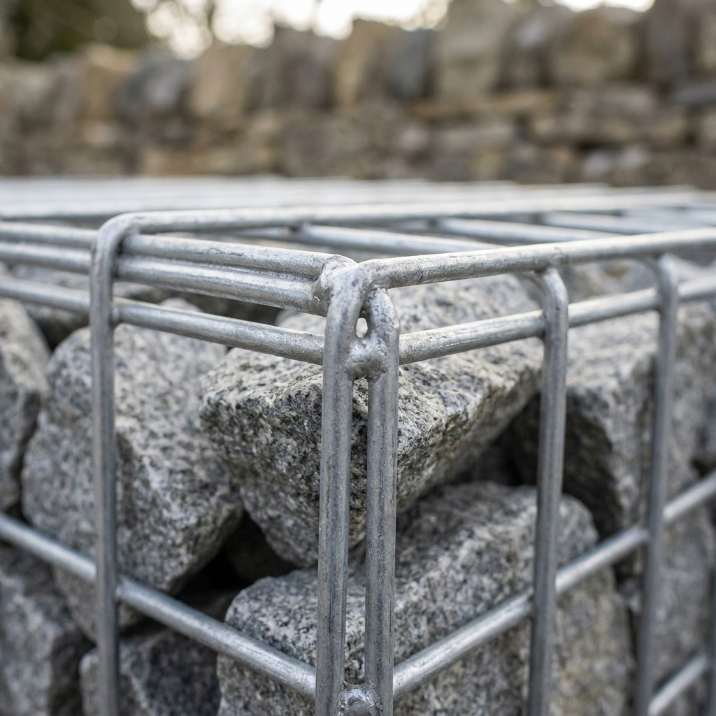 Close-up of thick 4mm welded gabion wire mesh with granite