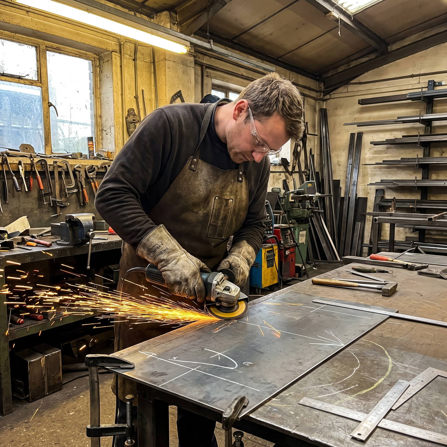 Mild steel sheet being cut in a UK metal fabrication workshop - S275 8x4 plate