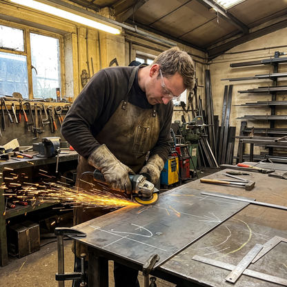 Mild steel sheet being cut in a UK metal fabrication workshop - S275 8x4 plate