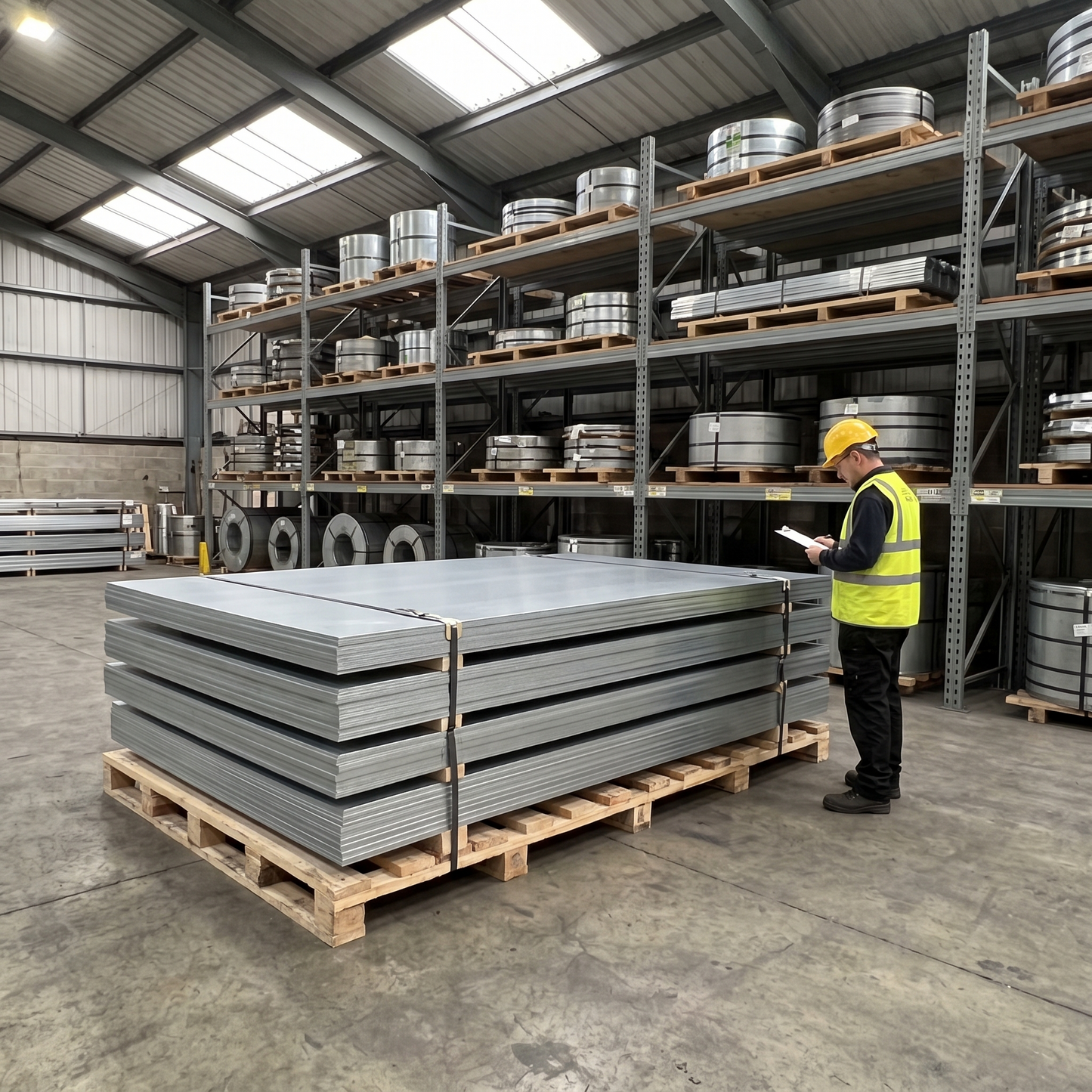 Zintec zinc-coated steel sheet 2500 x 1250mm stacked at UK steel stockholder