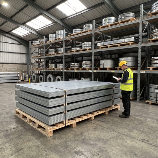 Zintec zinc-coated steel sheet 2500 x 1250mm stacked at UK steel stockholder