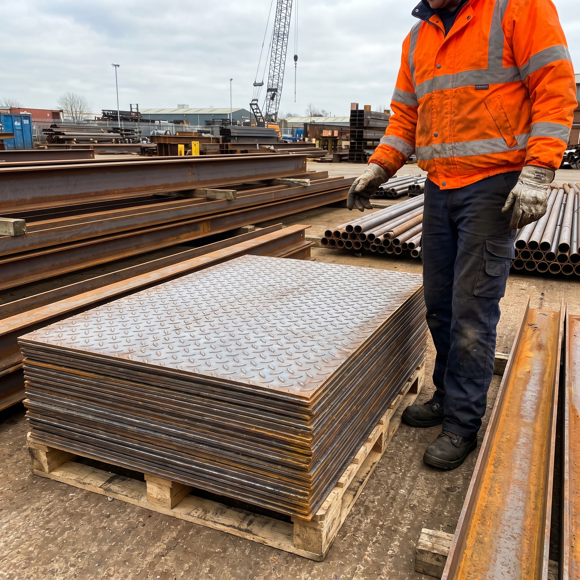 Mild steel durbar checker plate 8x4 stacked in UK steel yard - S275 raised teardrop diamond tread plate