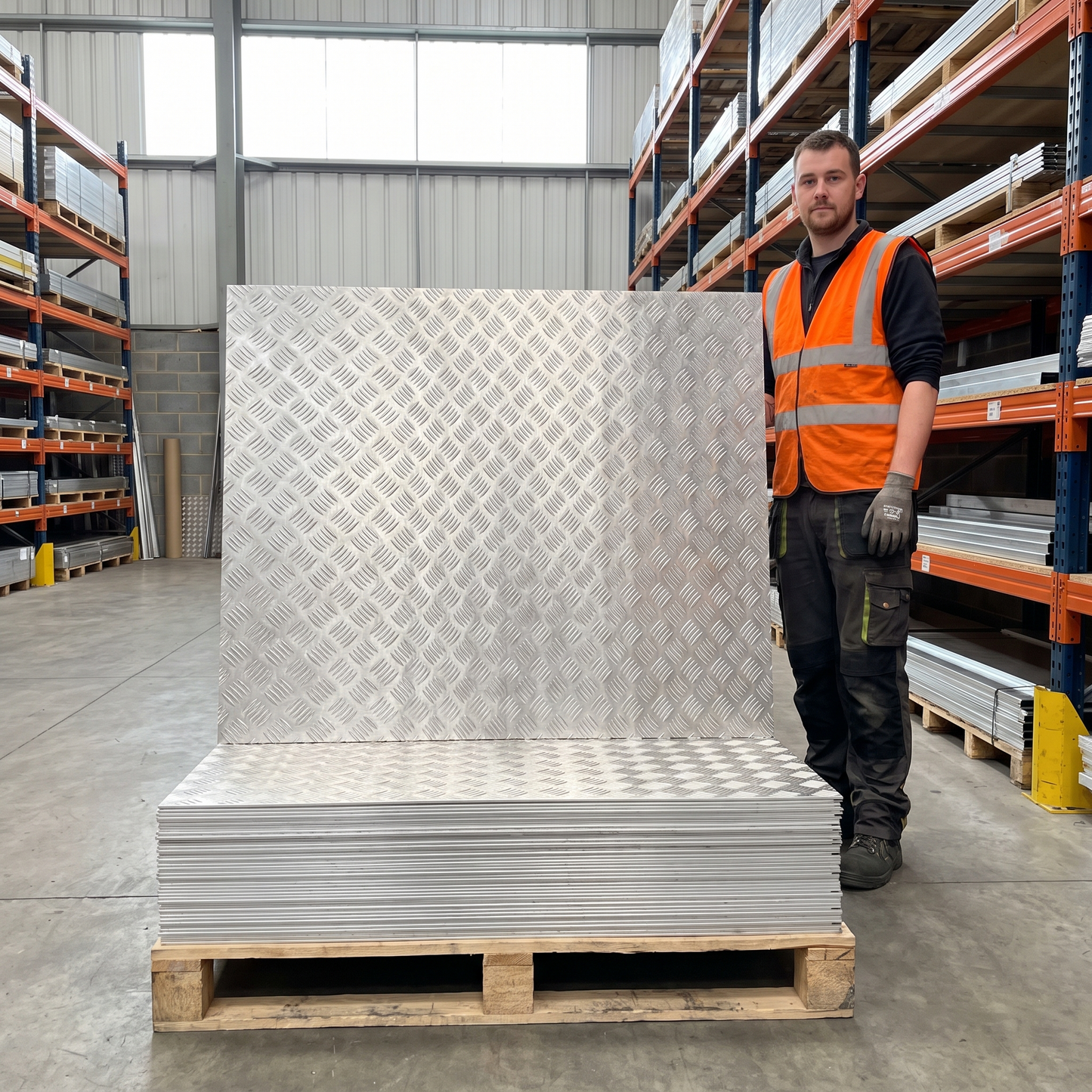 Aluminium chequer plate 8x4 stacked on pallet at UK stockholder - 5754 five-bar tread plate