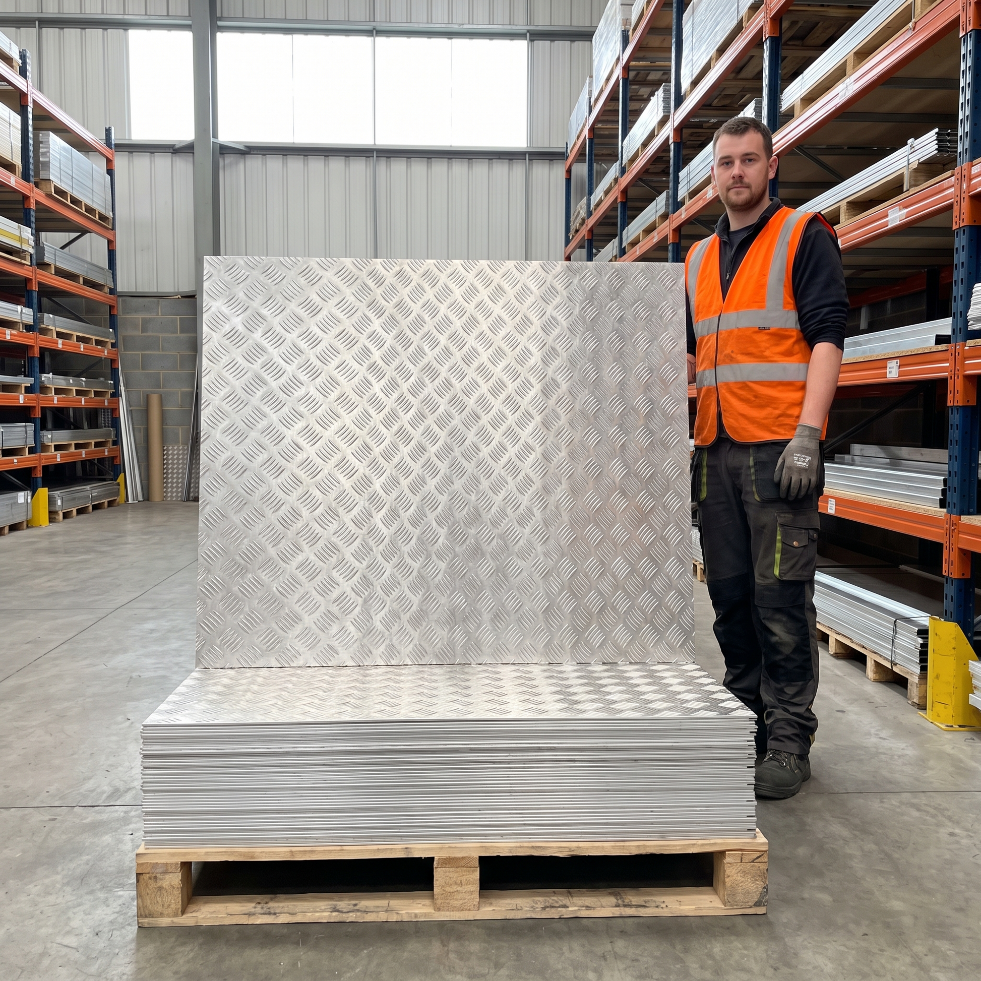 Aluminium chequer plate 8x4 stacked on pallet at UK stockholder - 5754 five-bar tread plate