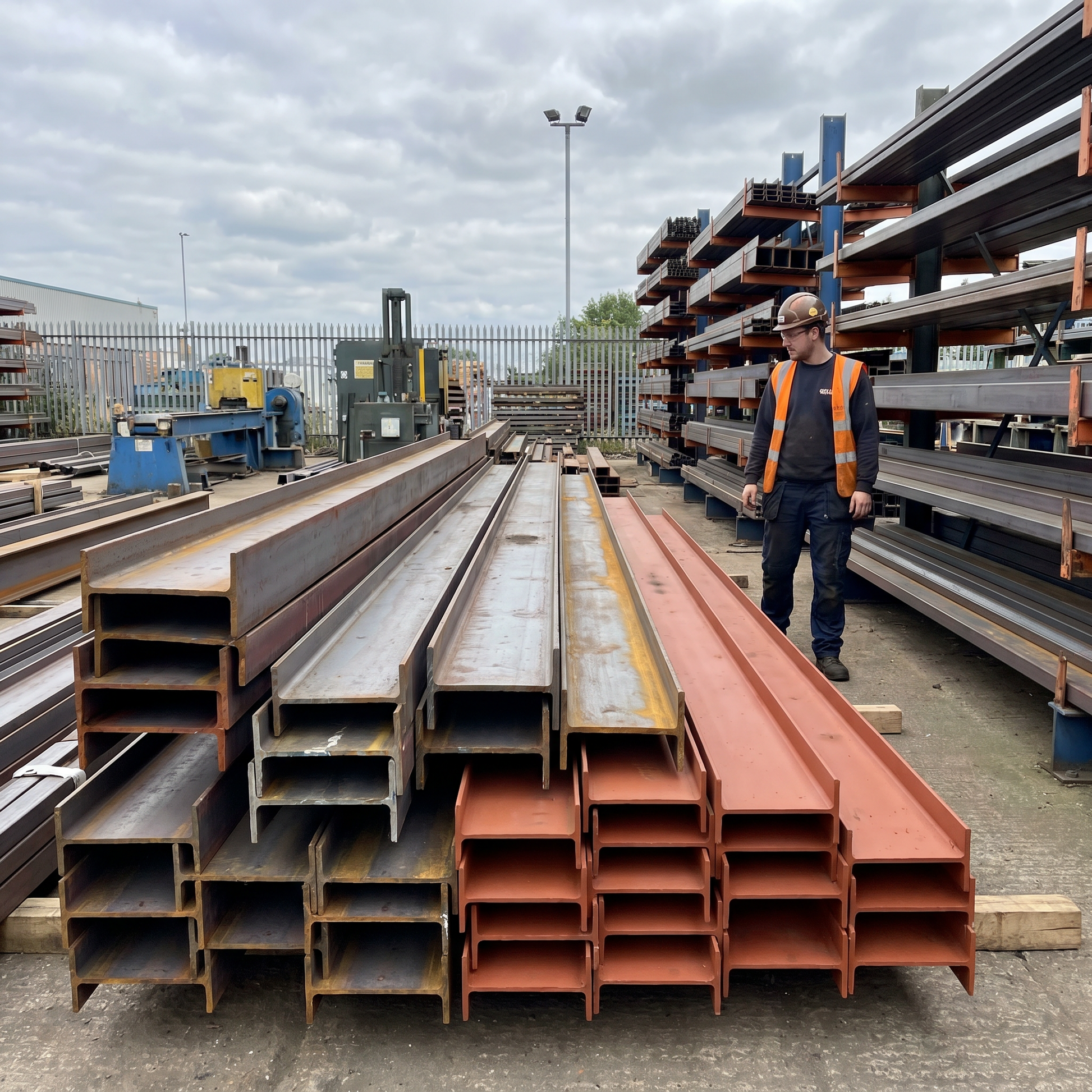 S355J0 universal columns mill and red oxide finish in UK steel yard