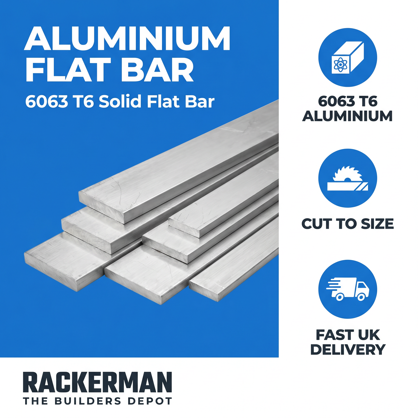 Aluminium flat bar infographic — 6063 T6, cut to size, fast UK delivery from Rackerman