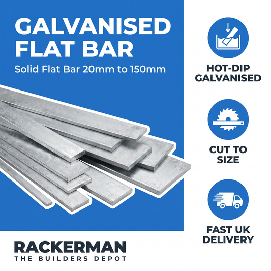 Galvanised flat bar infographic — hot-dip galvanised, cut to size, fast UK delivery from Rackerman