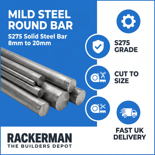 Mild steel round bar infographic — S275, cut to size, fast UK delivery from Rackerman